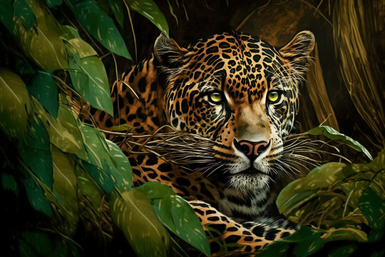 Painting style depiction of a jaguar amidst jungle foliage, Generative Ai