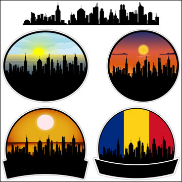 Zarnesti Skyline Silhouette Romania Flag Travel Souvenir Sticker Sunset Background Vector Illustration SVG EPS AI