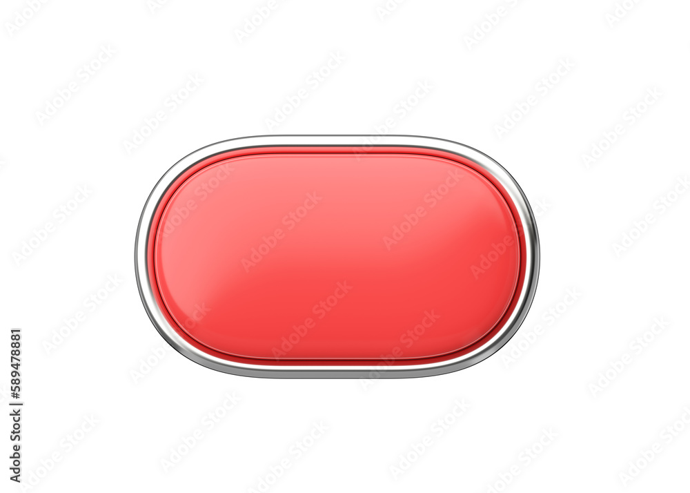 Fototapete 3d render long button - glossy web element, rectangular shiny label with chrome and clean click symb