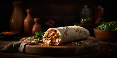 Delicious and healthy chicken wrap loaded with fresh veggies and spices, ready to satisfy your taste buds. Generative AI