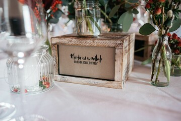 Closeup shot of a beautifully arranged table at a wedding reception