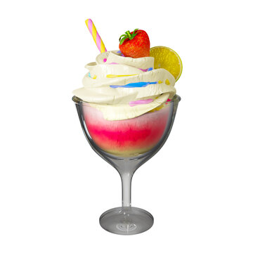 A strawberry ice cream sundae in a glass cup, rendered in three dimensions.
