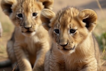 Obraz premium Lion cubs playing outdoors, made with generative ai