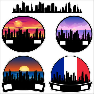 Deuil la Barre Skyline Silhouette France Flag Travel Souvenir Sticker Sunset Background Vector Illustration SVG EPS AI
