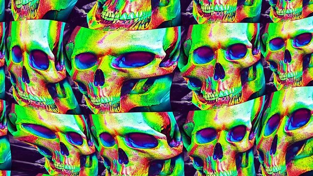 Turbulent scroll of colorful skulls texture illustration. Distorted pattern of digital painting in etching style for Halloween events