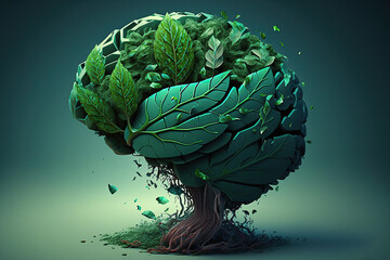 Ecology concept. a brain composed of green moss: in the background a green deciduous forestconcept ecology. Generative AI.