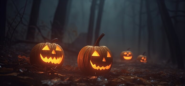 jack o lanterns lit at the forest night halloween images stockfotos