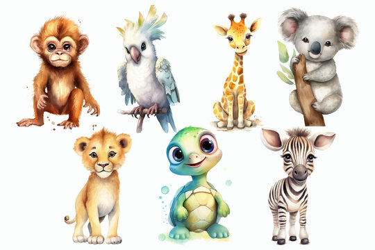 Safari Animal set monkey, parrot, giraffe, koala, lion, turtle, zebra in 3d style. Isolated. Generative AI