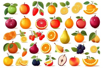 Set of colorful cartoon fruit icons: apple, pear, strawberry, orange, peach, plum, banana, watermelon, pineapple, papaya, grape, cherry, kiwi, lemon, mango. Vector illustration isolated on white.