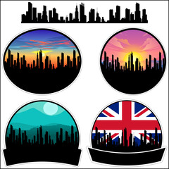 Sheldon Skyline Silhouette Uk Flag Travel Souvenir Sticker Sunset Background Vector Illustration SVG EPS AI