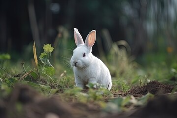 A cute white rabbit playing outdoors, made with generative ai