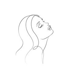 Woman's face with long eyelashes. Abstract portrait, continuous line drawing, single line on white background, isolated vector illustration. Tattoo, print and logo design for a spa or beauty salon.