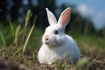 A cute white rabbit playing outdoors, made with generative ai