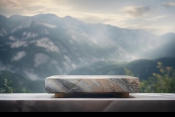 Empty marble table against misty mountain bokeh for product showcase. Generative AI