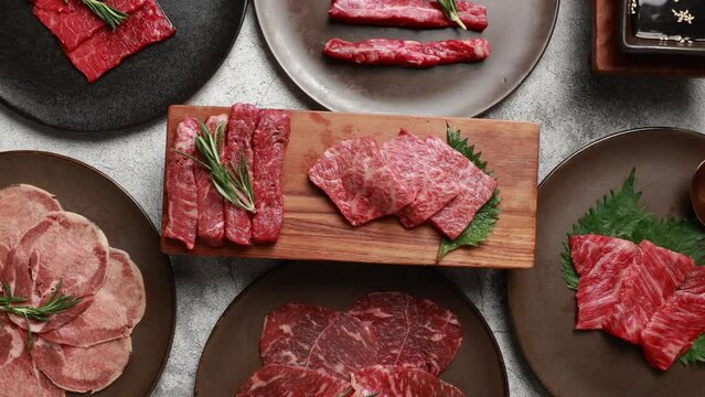 Top view. Grilled japanese premium wagyu beef steak