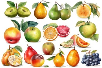 Berries and fruits vector illustration. Apple, orange,  grape, grapefruit, peach and pear set on white background