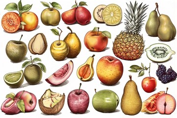 Berries and fruits vector illustration. Apple, orange,  pineapple and pear set on white background