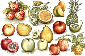 Berries and fruits vector illustration. Apple, orange,  pineapple, mango and pear set on white background