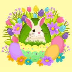 Easter illustration with bunny, flowers, Easter eggs, background, banner or seasonal card, spring illustration, holiday illustration 