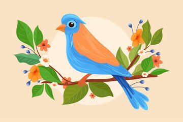 Illustration with beautiful bird and flowers, leaves, nature, abstract leaf patterns, illustration, spring illustration 