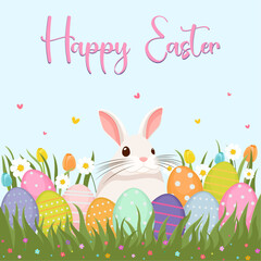 Easter illustration with bunny, flowers, Easter eggs, background, banner or seasonal card, spring illustration, holiday illustration 
