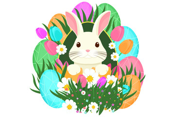 Easter illustration with bunny, flowers, Easter eggs, background, banner or seasonal card, spring illustration, holiday illustration 