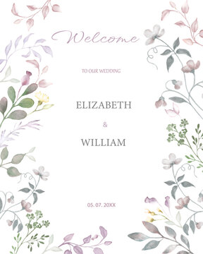Watercolor Floral wildflowers wedding invitation cards. Hand drawing illustration isolated on white background. Vector EPS.