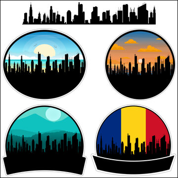 Carei Skyline Silhouette Romania Flag Travel Souvenir Sticker Sunset Background Vector Illustration SVG EPS AI
