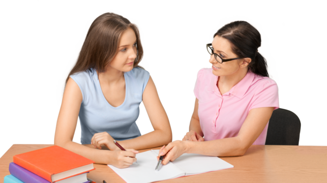 Mother helping happy daughter with homework on background