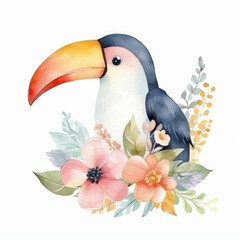 Cute watercolor toucan bird. Illustration Generative AI.