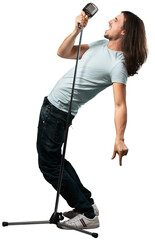 Rock singer man singing into microphone
