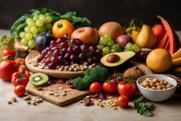 Fototapeta na wymiar Healthy vegan food. Vegetarian food cooking ingredients. Clean diet eating. Organic food products. Fruits, vegetables, seeds, superfood, cereals.