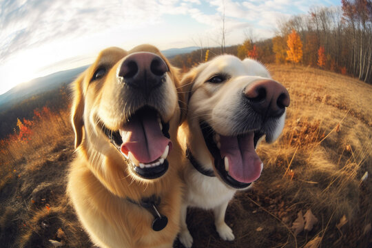 Selfie portrait of two labradors walking in the park. Generative AI