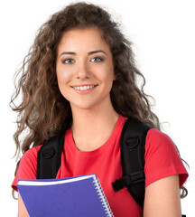 Portrait of a cute young student girl holding colorful notebook, isolated on background