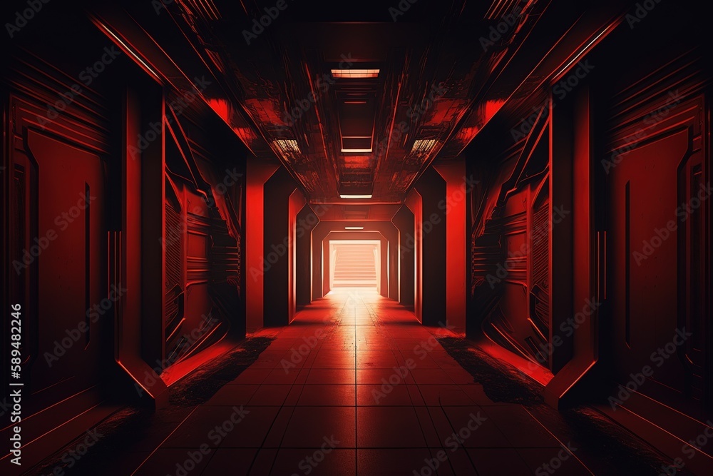 Aufkleber with abstract black and red sci-fi corridor generative ai