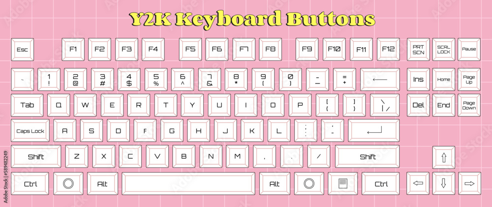 Poster y2k oldschool retro keyboard buttons collection, vector symbols and objects illustration.