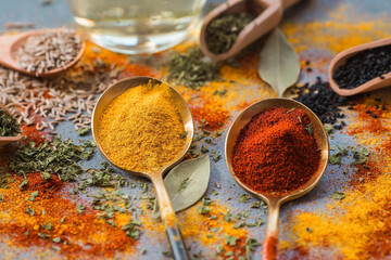 A set of fragrant spices. Turmeric, paprika, dried parsley, dill, rosemary, cumin, garlic, bay leaf and a bottle of oil on a gray background. Free space.