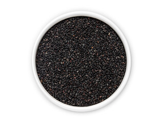Black sesame in a white cup on a white background, top view, flat lay, isolate.