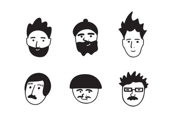 Hand drawn men faces doodle set. Black and white icons collection.