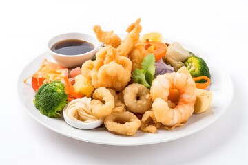 Halal tempura plate with crispy seafood and vegetables in a beautiful presentation. Generative AI