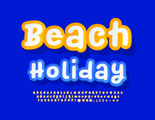 Vector bright banner Beach Holiday.  Sticker style Alphabet Letters and Numbers. Modern Creative Font