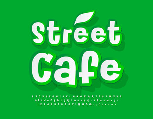 Vector stylish logo Street Cafe with decorative Leaf. Green and White paper Font. Set of creative sticker Alphabet Letters, Numbers and Symbols