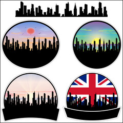 Halewood Skyline Silhouette Uk Flag Travel Souvenir Sticker Sunset Background Vector Illustration SVG EPS AI