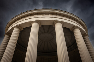 Closeup on the main facade of Elisenbrunnen pavilion in aachen with grey sky. Elisenbrunnen is a...
