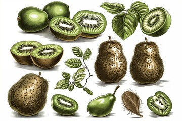 Kiwi set vector illustration on white. Cartoon isolated summer green fruit in peel, sweet food and antioxidant dessert and natural botanical leaf, whole and half, quarter slice with ruby juicy seed