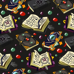 A pattern with magic books and various details. Records on alchemy, ancient volumes with esoteric recipes and mystical charms. Suitable for printing on textiles and paper. Gift wrapping for Halloween