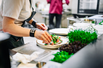 chef hand cooking Roast beef salad with vegetables on restaurant kitchen