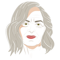 Vector hand drawn illustration of a smiling attractive beautiful elderly woman. Seasonal color analysis. Autumn type of female appearance with gray hair 