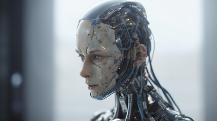 Fototapeta na wymiar Robot artificial intelligence. The image of a robat woman with wires and microcircuits. Generative AI