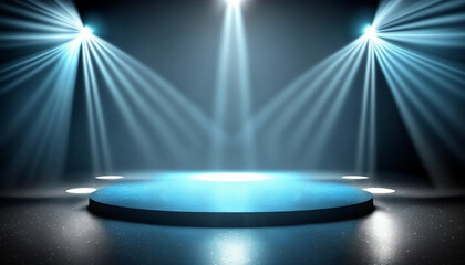 immerse yourself in an ethereal world: empty dark stage transformed with mist, fog, and sky-blue spotlights, perfect for showcasing artistic works and products. generative ai